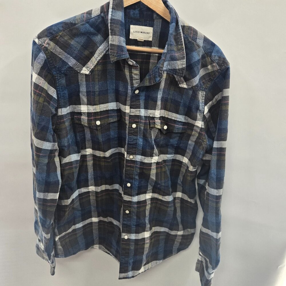 Lucky Brand Indigo Plaid Pearl Snaps Long Sleeve Button Down Shirt Medium
